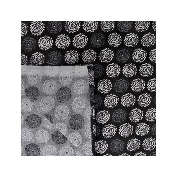 Tissu Coton Motif Fleur De Pissenlit Noir, Gris Et Blanc  - Vendu Au Mètre - Photo n°5