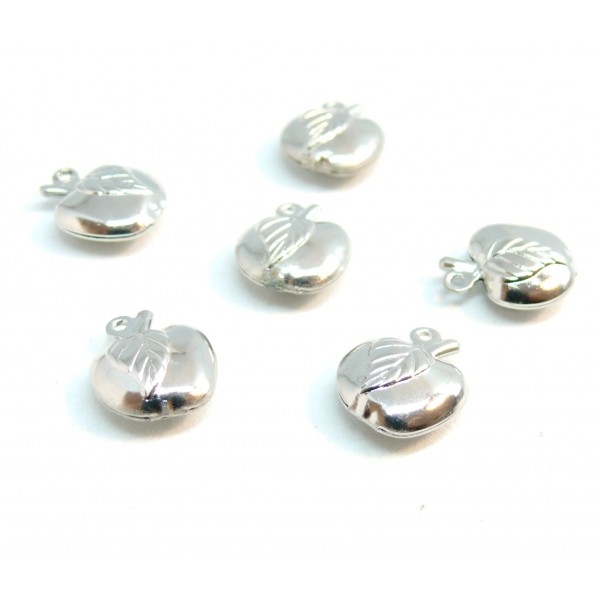 10 pendentifs breloques petites pommes 3D métal couleur Argent Platine - Photo n°1