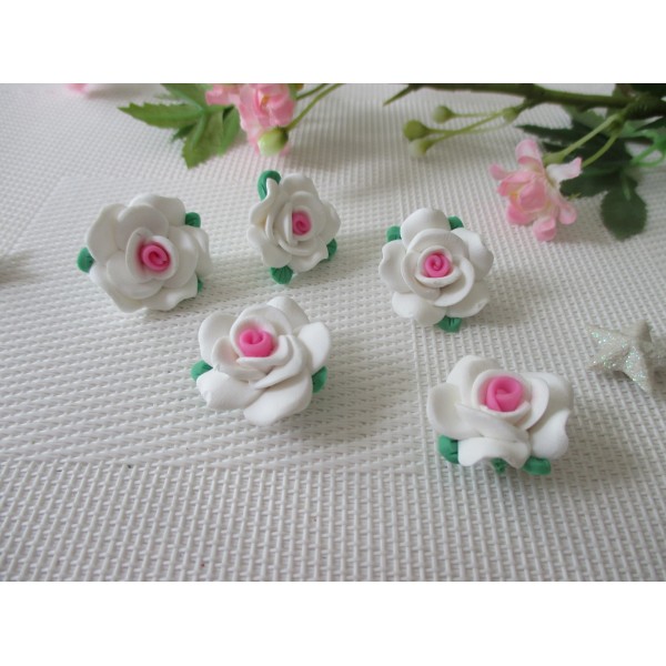 Perles fleurs pâte polymère 23 mm blanche et rose x 2 - Photo n°2