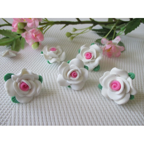 Perles fleurs pâte polymère 23 mm blanche et rose x 2 - Photo n°1
