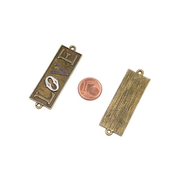 2 Perles Connecteurs Plaque Inscrit Love Bronze En Métal  52mm X 17mm - Photo n°2
