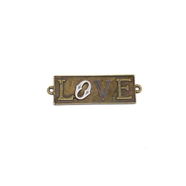 2 Perles Connecteurs Plaque Inscrit Love Bronze En Métal  52mm X 17mm - Photo n°3
