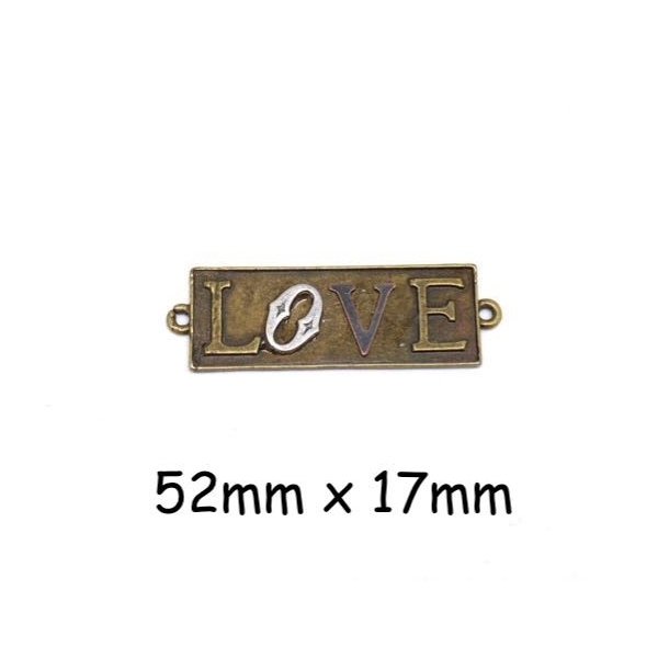 2 Perles Connecteurs Plaque Inscrit Love Bronze En Métal  52mm X 17mm - Photo n°1