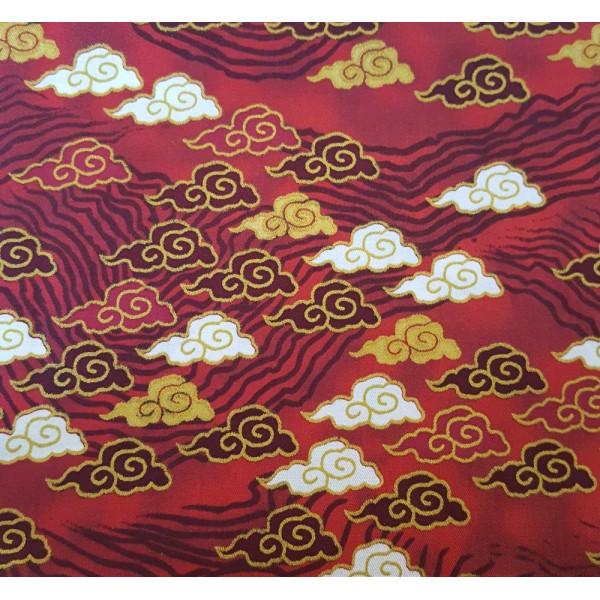 Coupon tissu japonais - vague et nuage - doré et rouge  - coton - 40x50cm - Photo n°1