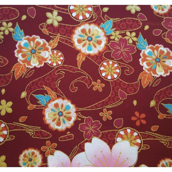 Coupon tissu style japonais - à fleurs - doré et rouge  - coton - 40x50cm - Photo n°1