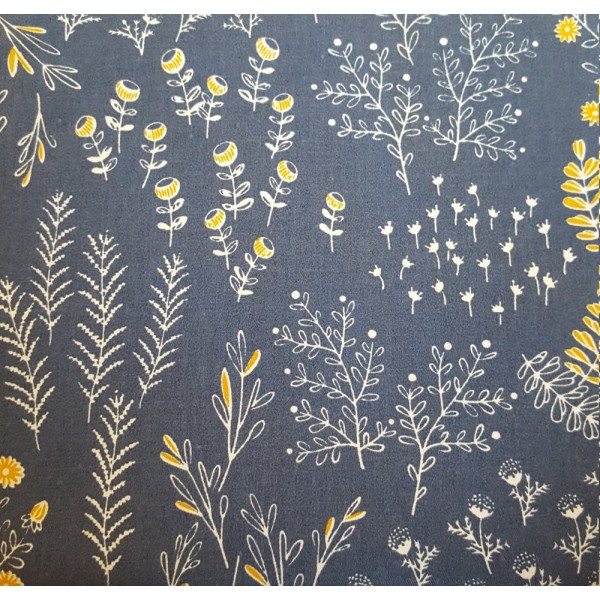 Coupon tissu  - fleurs, branchages... bleu et jaune - coton - 40x50cm - Photo n°1