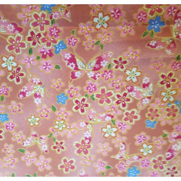 Coupon tissu style japonais - fleurs et papillon vieux rose   - coton - 40x50cm - Photo n°1