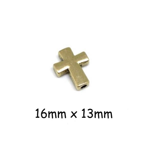 10 Perles Croix Doré Pâle En Métal Lisse Pour Cordon Cuir 2mm - Photo n°1