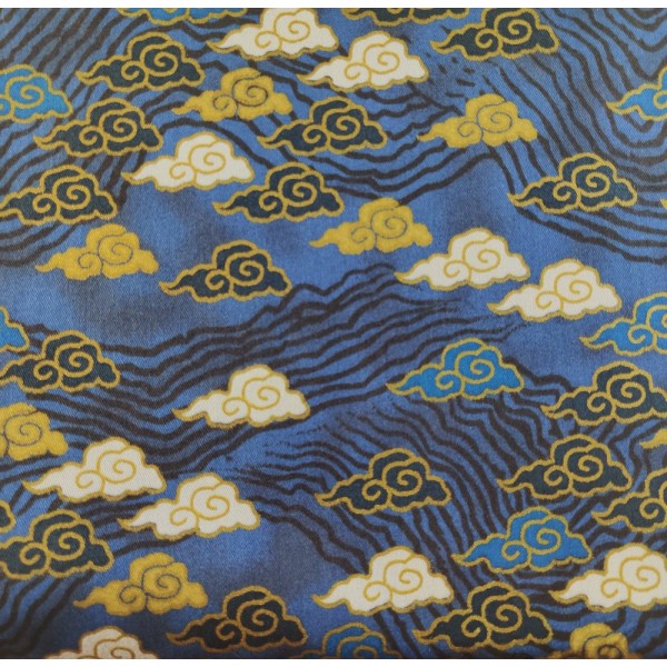 Coupon tissu japonais - vague et nuage - doré et bleu  - coton - 40x50cm - Photo n°1