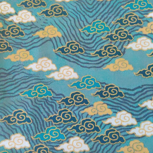Coupon tissu japonais - vague et nuage - doré et bleu  - coton - 39x51cm - Photo n°1