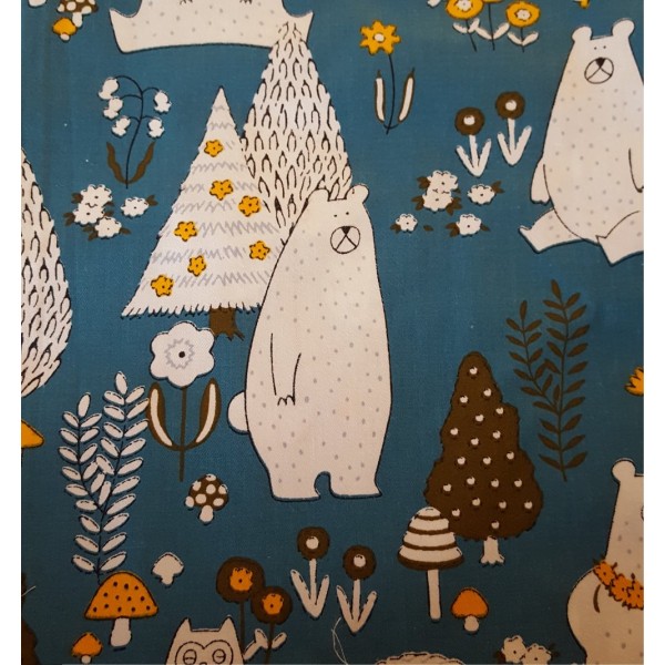 Coupon tissu - ours, hibou blanc .. sur fond bleu - coton - 40x50cm - Photo n°1