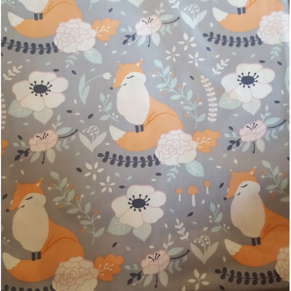 Coupon tissu - renards et fleurs .. sur fond gris - champêtre - coton - 40x50cm - Photo n°1