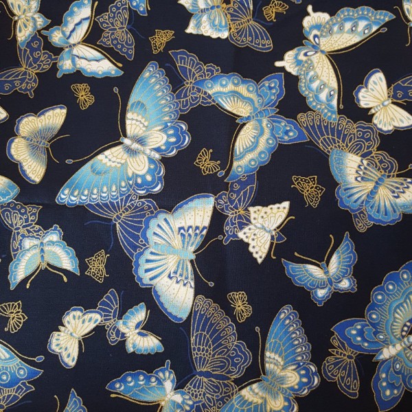 Coupon tissu style japonais - papillon - doré et bleu - coton - 48x50cm - Photo n°1