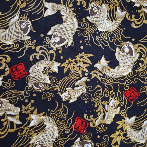 Coupon tissu japonais - carpe koï - doré, blanc et bleu - coton - 48x50cm - Photo n°1