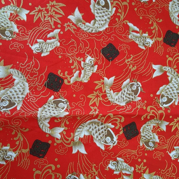 Coupon tissu japonais - carpe koï - doré, blanc et rouge - coton - 48x50cm - Photo n°1