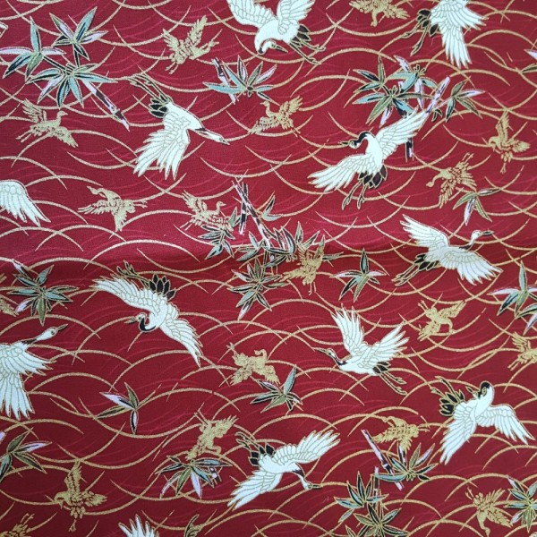 Coupon tissu japonais - gru - doré, blanc et rouge - coton - 48x50cm - Photo n°1