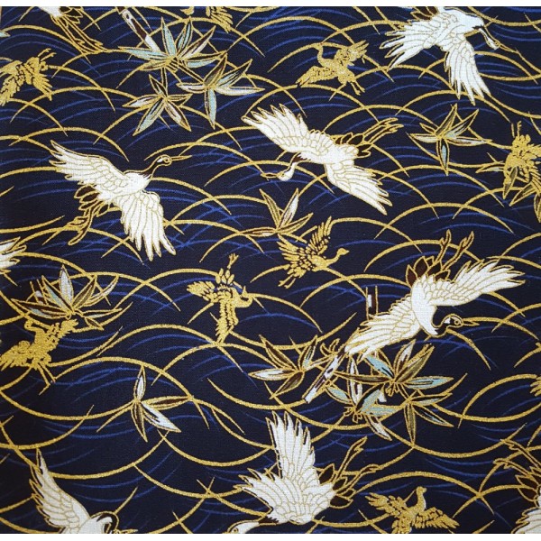 Coupon tissu japonais - gru - doré, blanc et bleu - coton – 46x46cm - Photo n°1