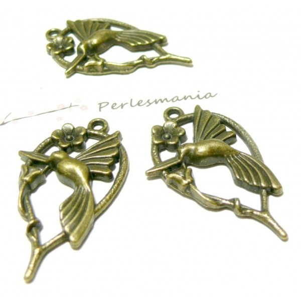 Lot de 10 pendentifs oiseau mouche modèle épais métal couleur bronze ref 247 - Photo n°1
