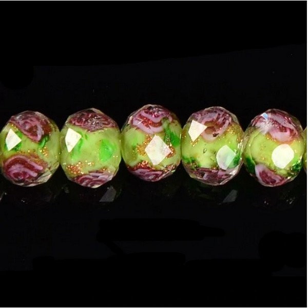 5 perles ronde de verre lampwork à facettes 5 x 8 mm VERT ROSE - Photo n°1