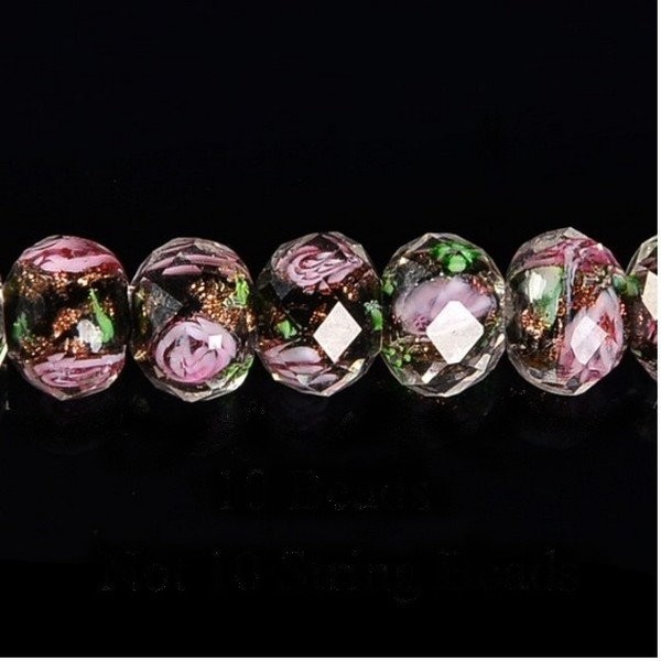 5 perles ronde de verre lampwork à facettes 5 x 8 mm NOIR ROSE VERT - Photo n°1