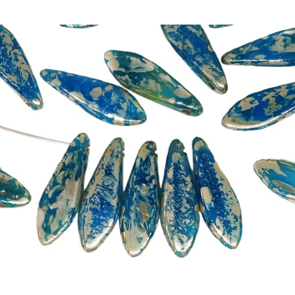 20pcs Bleu aigue-marine en Argent Picasso Plat de Feuilles de Poignard Perles de Verre tchèque 5mm x - Photo n°3
