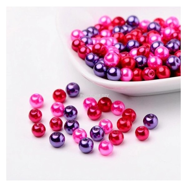 Perles ronde en verre nacré en mélange coloris assortis 6 mm VIOLET ROSE ROUGE - Photo n°1