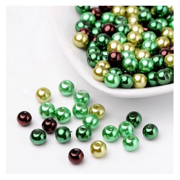 Perles ronde en verre nacré en mélange coloris assortis 6 mm VERT MARRON - Photo n°1