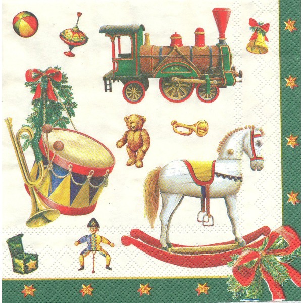 4 Serviettes en papier Noël Jouets Cheval à bascule Decoupage Decopatch Format Lunch L-510062 IHR - Photo n°1