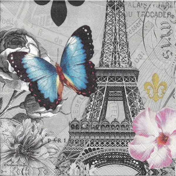4 Serviettes en papier Paris Tour Eiffel Papillon Format Lunch Decoupage Decopatch 13314240 Ambiente - Photo n°1