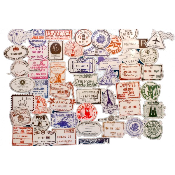 LOT DE 50 stickers tampons de voyage autocollants en quadrichromie 60 à  100mm - Stickers voyage - Creavea