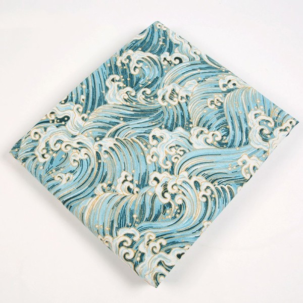 Coupon tissu style japonais - vague - doré, bleu -  50x55cm - Photo n°1