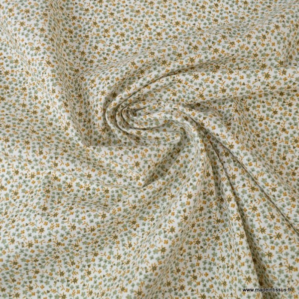 Tissu coton imprimé fleurs Pio Tilleul et Chatain - Oeko tex - Photo n°2