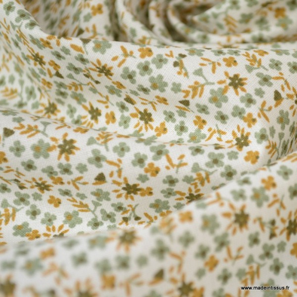 Tissu coton imprimé fleurs Pio Tilleul et Chatain - Oeko tex - Photo n°3
