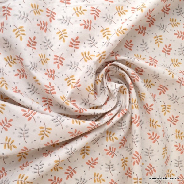 Tissu coton imprimé fleurs Lin clair et Corail - Oeko tex - Photo n°2