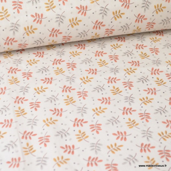 Tissu coton imprimé fleurs Lin clair et Corail - Oeko tex - Photo n°1