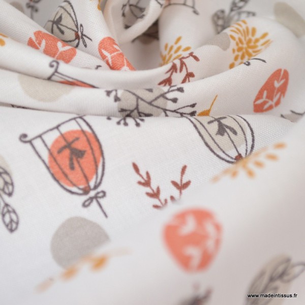 Tissu coton imprimé branches et caches oiseaux taupe clair et Corail - Oeko tex - Photo n°3