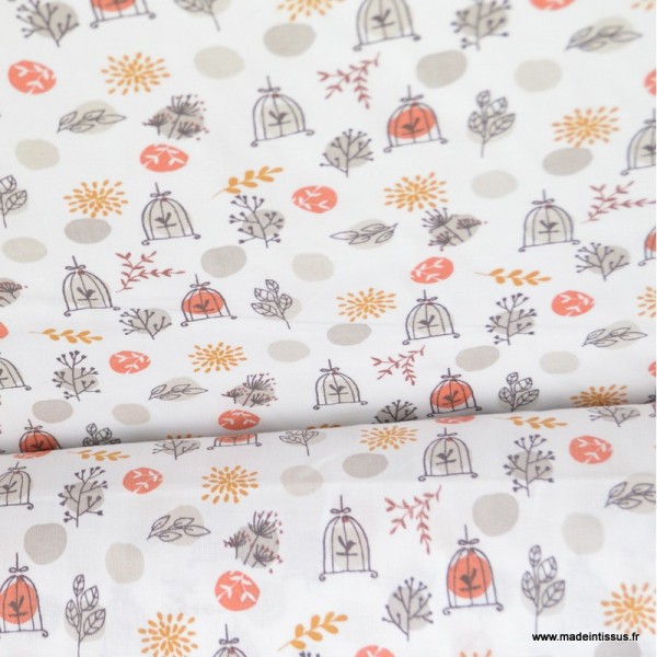 Tissu coton imprimé branches et caches oiseaux taupe clair et Corail - Oeko tex - Photo n°1