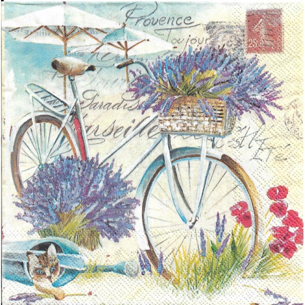 4 Serviettes en papier Provence Vélo Chat Lavande Format Lunch Decoupage Decopatch L-848000 IHR - Photo n°1