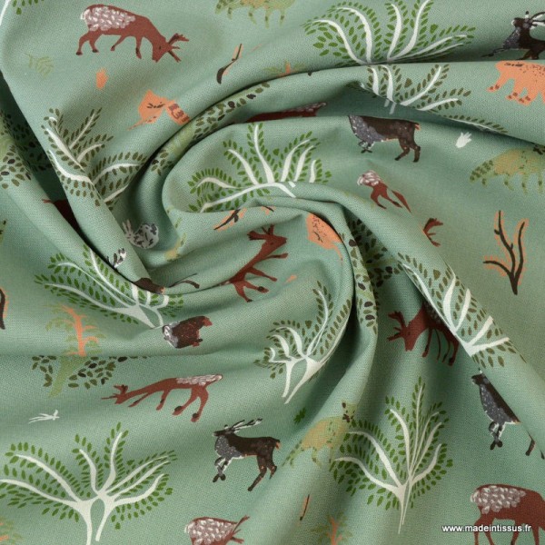 Tissu Popeline motifs Animaux de la forêt Vert menthe - Oeko tex - Photo n°2