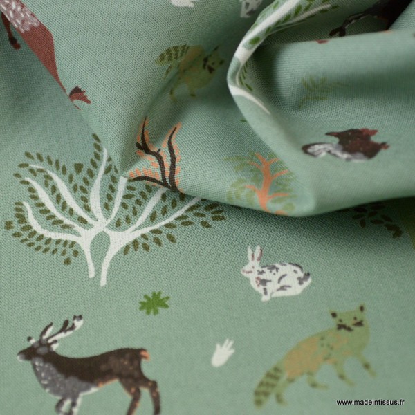 Tissu Popeline motifs Animaux de la forêt Vert menthe - Oeko tex - Photo n°3