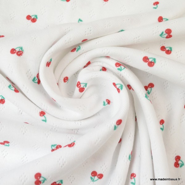 Tissu BIO jersey coton ajouré blanc motifs cerises - Oeko tex - Photo n°2