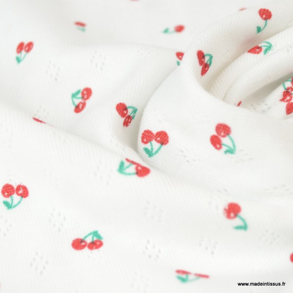 Tissu BIO jersey coton ajouré blanc motifs cerises - Oeko tex - Photo n°4