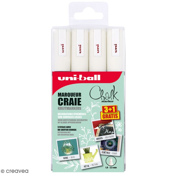 Set marqueurs craie Chalk Brillant UNI Blanc - Pointe conique moyenne 1,8 à 2,5 mm - 3 + 1 gratuit - Photo n°1