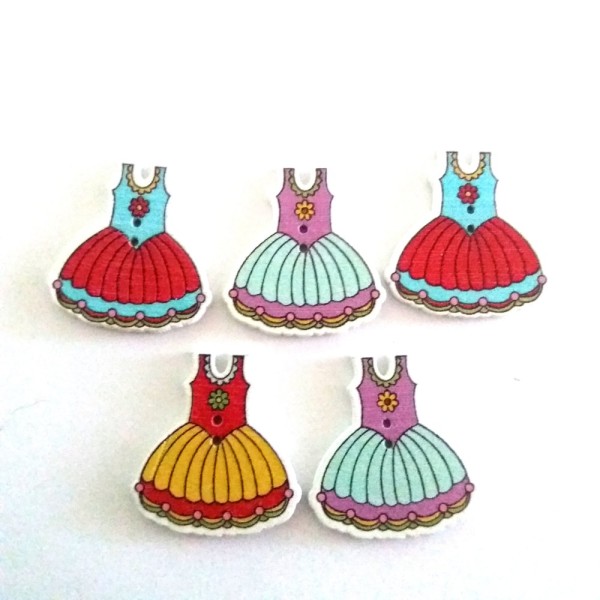 5 Boutons en bois – robe de princesse multicolore – 30x27mm - Photo n°1