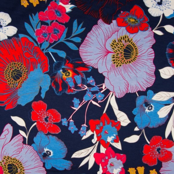 Tissu Jersey Viscose motif fleurs rouge et bleu fond bleu marine - Photo n°1