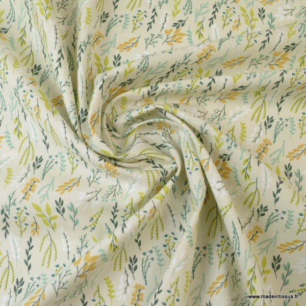 Tissu coton imprimé fleurs et branches naturel et vert - Oeko tex - Photo n°2