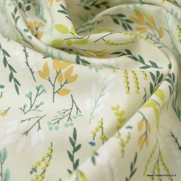 Tissu coton imprimé fleurs et branches naturel et vert - Oeko tex - Photo n°3
