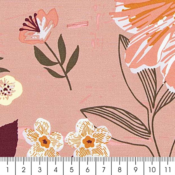 Tissu Rico - Toile de Jouy - Fleurs sur fond rose - Par 10 cm (sur mesure) - Photo n°2