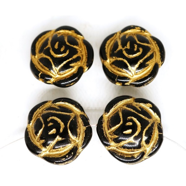 4pcs Opaque Noir Or Patine Laver Fleur de la Rose Pendentif Focal Ronde Verre tchèque Perles de 16mm - Photo n°1