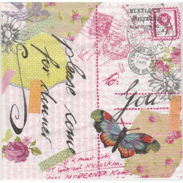 4 Serviettes en papier Lettre d'amour Papillon Format Lunch Decoupage Decopatch 133-1539 PPD - Photo n°1